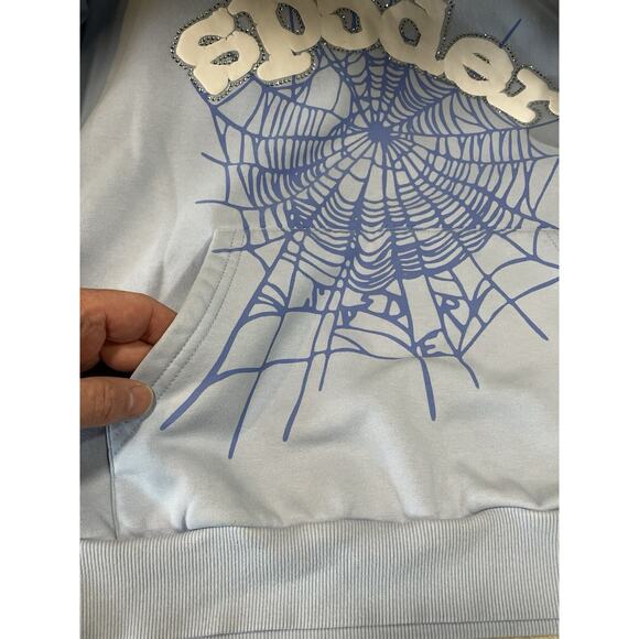 Rhinestone Sp5der Men's Pullover Hoodie Size Small Baby Blue Front Pouch - Picture 8 of 16